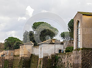 Ancient wall surrounding Villa Borghese gardens in Rome