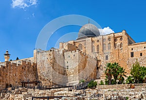 Ancient walls and Al Aqsa Mosque dome in Jerusalem, Israel. photo