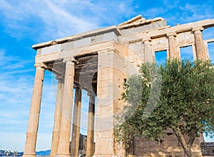 Ancient walls and columns of Erechtheion temple in Athens Acropolis in Greece