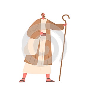 Ancient Wanderer With Staff. Male Character Armed With A Trusty Staff As A Symbol Of Guidance And Resilience In Journey