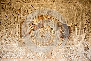 Ancient War with elephant parade on Relief, Angkor Wat, Cambodia