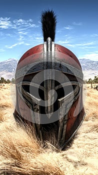 Ancient warrior helmet against a bright sky