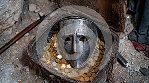 ancient warrior\'s mask and treasure photo