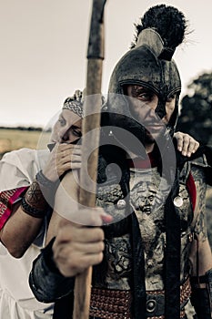 Ancient warrior says goodbye with his beloved woman before parting