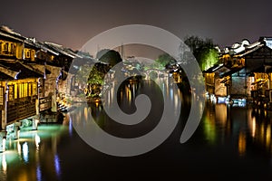 Ancient Watertown in China at night, Wuzhen near Shanghai photo