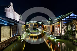 Ancient Watertown in China at night, Wuzhen near Shanghai photo
