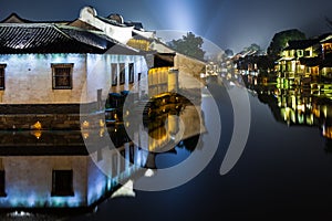 Ancient Watertown in China at night, Wuzhen near Shanghai - houses photo