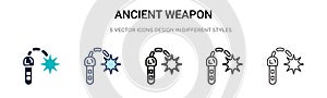 Ancient weapon icon in filled, thin line, outline and stroke style. Vector illustration of two colored and black ancient weapon