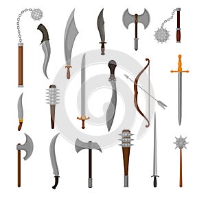 Ancient weapon set. Axe, spear, dagger, bow and arow, knife, sword cartoon vector