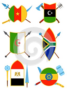 Ancient weapon, shields with African flags in flat vector style.