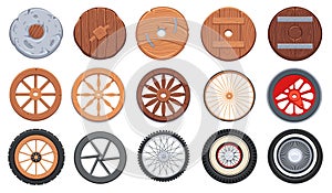 Ancient wheel. Wooden wheelbarrow, rusty wagon and old stone wheels. Retro car tires cartoon vector game design assets