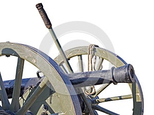 Ancient wheeled cast iron cannon isolated on white background