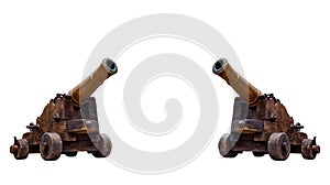 Ancient wheeled cast iron cannon isolated on white background