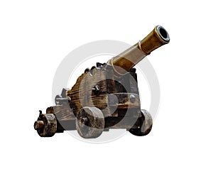 Ancient wheeled cast iron cannon isolated on white background