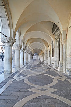 Ancient, white arcade in Venice, nobody in Venice
