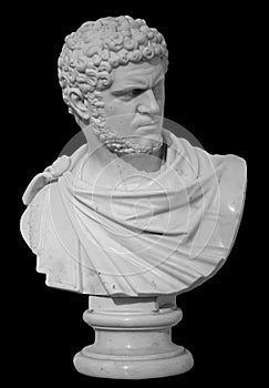 Ancient white marble sculpture bust of Caracalla. Marcus Aurelius Severus Antoninus Augustus known as Antoninus. Roman