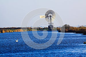 Ancient wind turbine in dutch rural landscape with river near traditional village Zaanse Schans