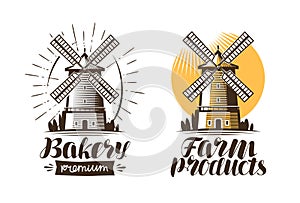 Ancient windmill, mill logo or label. Agriculture, farming, agribusiness icon. Vintage vector illustration