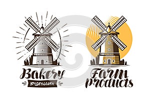 Ancient windmill, mill logo or label. Agriculture, farming, agribusiness icon. Vintage vector illustration photo