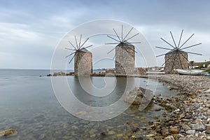 Ancient windmills of chios at night