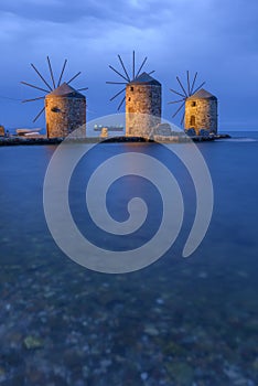 Ancient windmills of chios at night