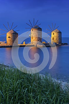 Ancient windmills of chios at night