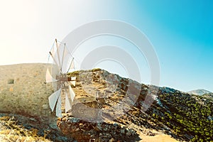 Ancient windmills on the island of Crete. Valley of 1000 windmills.