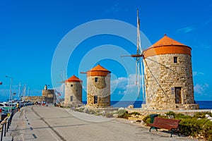 Ancient windmills at the port of Rhodes, Greece