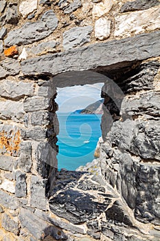 Ancient window of St. Peter Church in Porto Venere, Italy