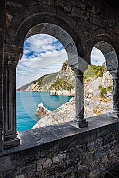 Ancient window of St. Peter Church in Porto Venere, Italy