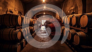 Ancient winery cellar stores large barrels of old fashioned wine generated by AI