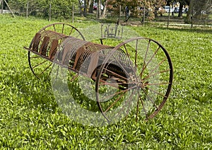 Ancient winery equipment on the lawn at the Lodi Corazza Winery