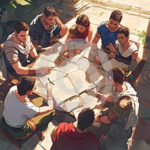 Ancient Wisdom: Group of Scholars Discuss in the Sunlight photo