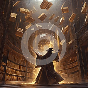 Ancient Wizard Casting a Spell in a Grand Library with Floating Books of Knowledge
