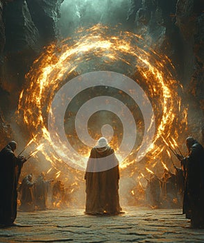 An ancient wizard conjures powerful spells inside a mystical chamber, surrounded by intent fantasy sorcerers holding enchanted photo