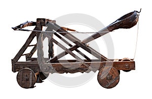 Ancient wooden catapult isolated on white photo
