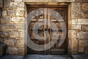 Ancient wooden door with old decoration. Generate ai