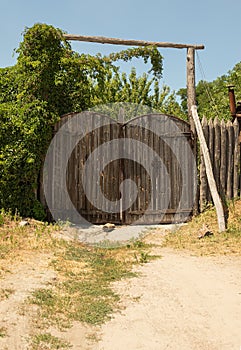 Ancient wooden gate with fence made of logs. Entrance to country courtyard . Vertical orientation