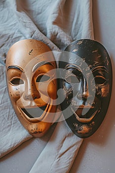 Ancient wooden masks side by side, cultural artifact, drama symbol, simple backdrop