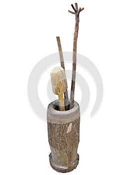 Ancient wooden mortar and pestle isolated over white