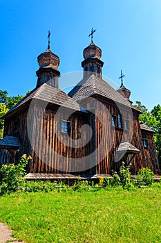 Ancient wooden orthodox church of St. Michael in Pyrohiv Pirogovo village near Kiev, Ukraine