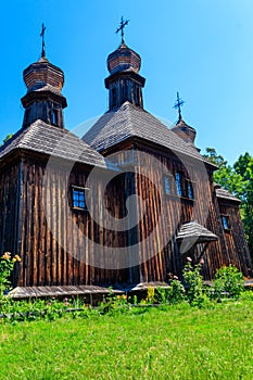 Ancient wooden orthodox church of St. Michael in Pyrohiv Pirogovo village near Kiev, Ukraine