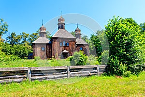 Ancient wooden orthodox church of St. Michael in Pyrohiv Pirogovo village near Kiev, Ukraine