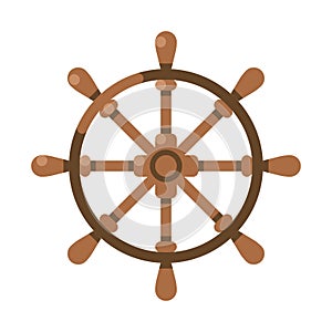 Ancient wooden ships wheel front view vector flat illustration. Equipment for vessel navigate