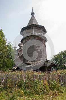 Ancient wooden tent church of Nativity of Virgin 1659 in summer,  Gimreka village, Podporozhsky district, Leningrad region, Russ