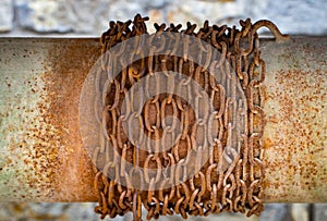 Ancient wooden well with a chain. Macro view of old rusty winch
