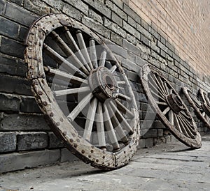 Ancient wooden wheels, West Gate of Xian City, China