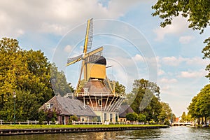 Ancient wooden windmill in the village of Weesp