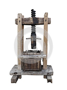 Ancient wooden wine old press isolated on white