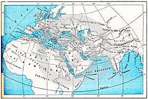 Ancient World Map of Europe, Asia and Africa, vintage engraving